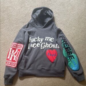 Gray Graphic Hoodie with Colorful Patches